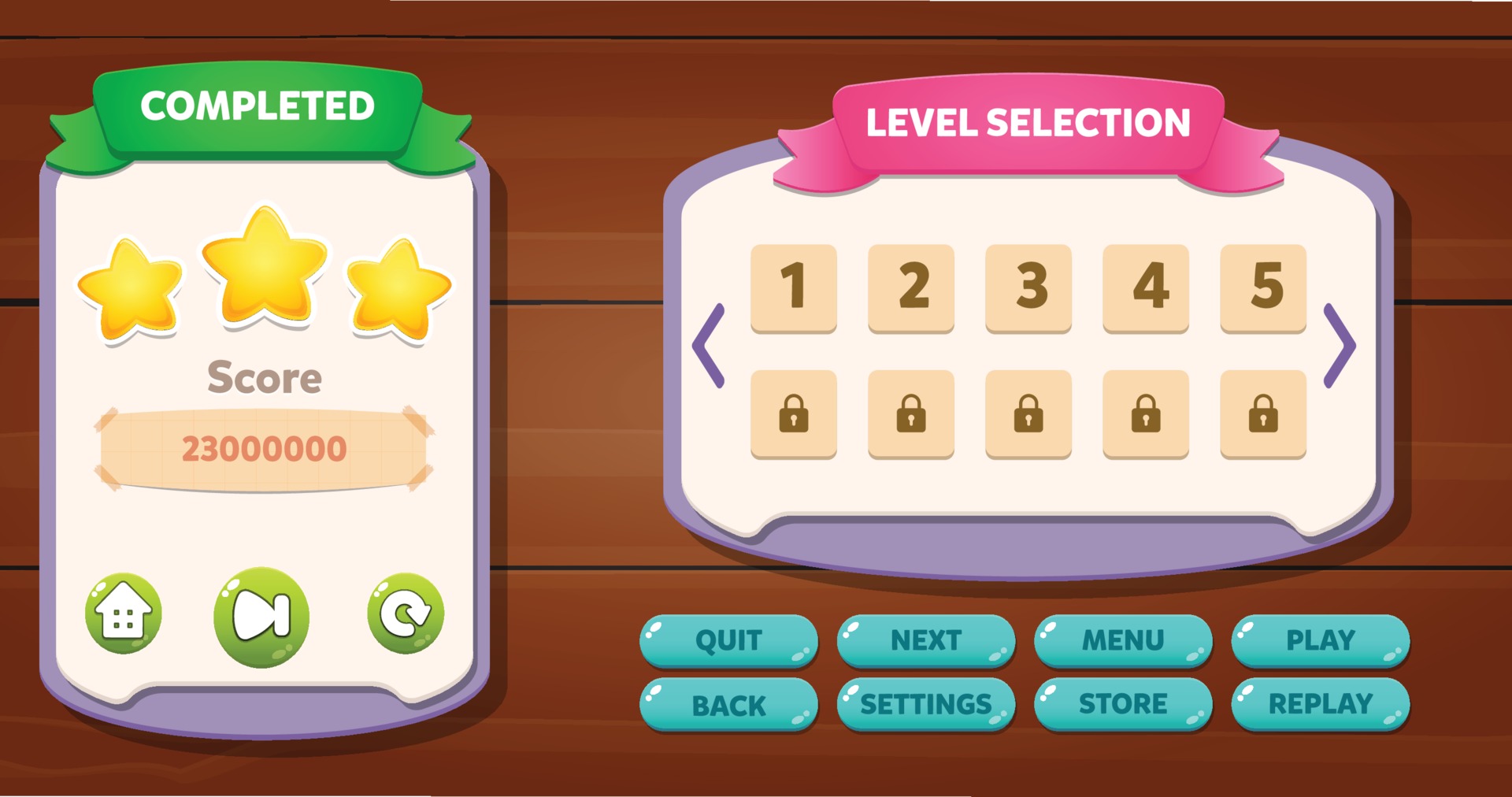 Game ui Level complete menu pop up with stars score and buttons 550649  Vector Art at Vecteezy