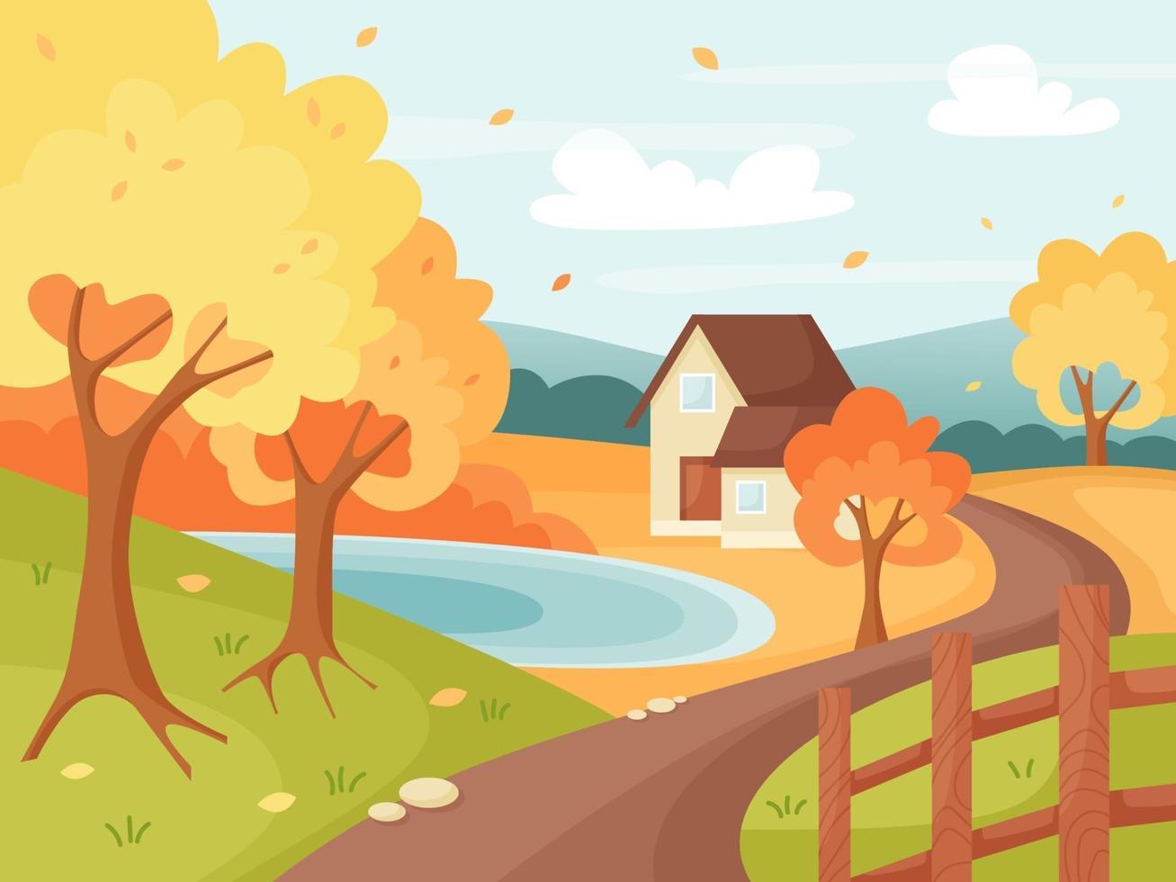 Autumn countryside landscape with houses, trees, lake, and fence vector
