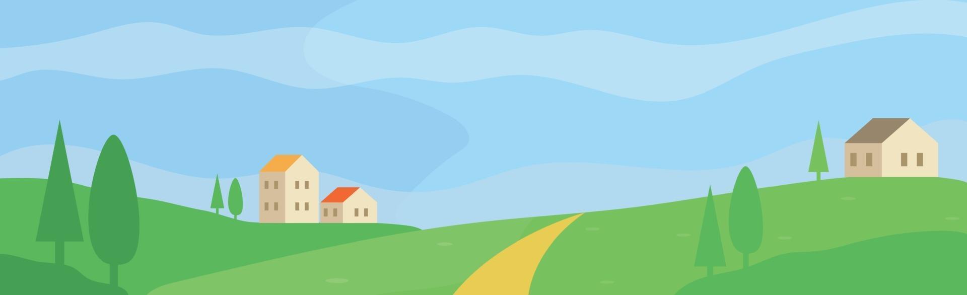 Panoramic mountain sunny landscape, houses on the hill - Vector