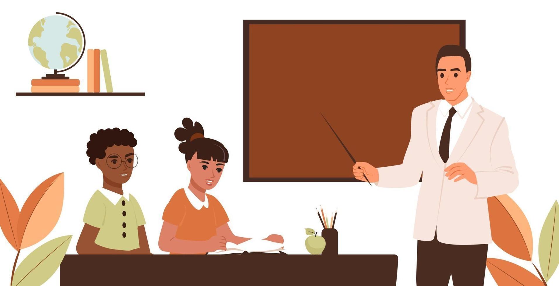 A teacher in an elementary class conducts a lesson for school children  3132539 Vector Art at Vecteezy