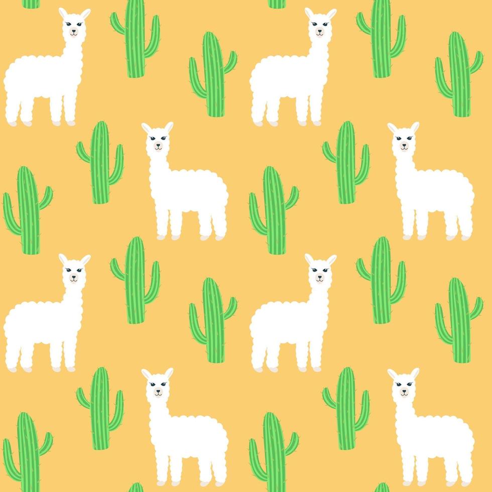 Cute white llama with cacti seamless pattern vector illustration