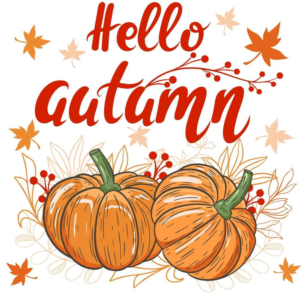 Fall greeting card with hand lettering hello autumn vector