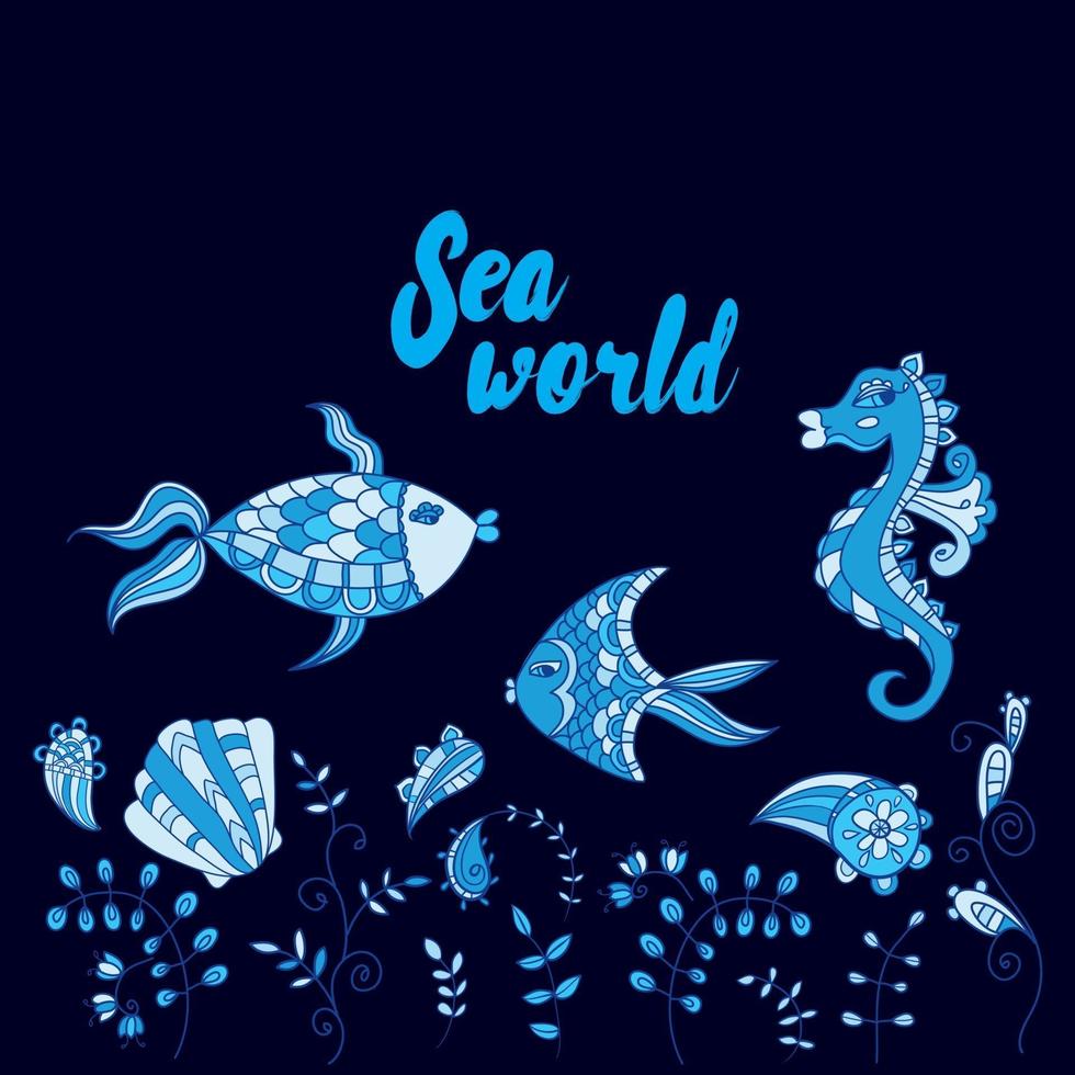 Collection of doodle sea and marine patterns. vector