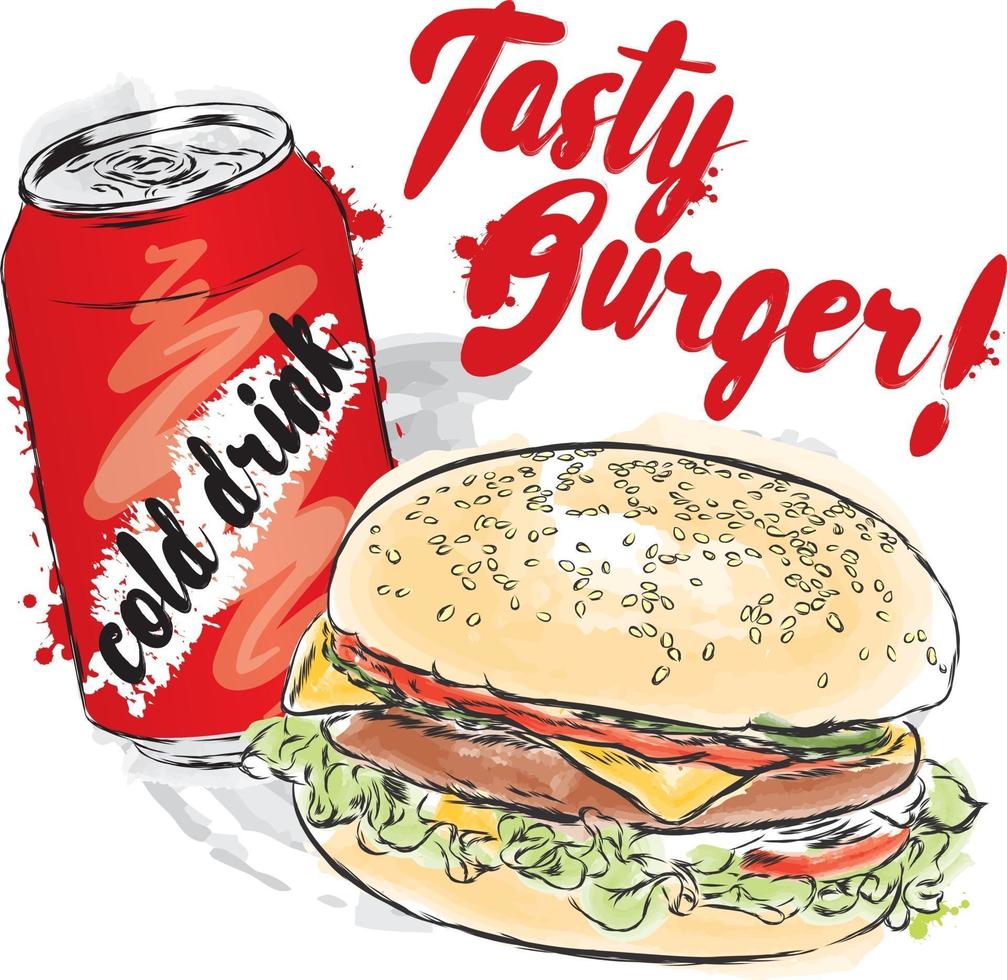 Tasty burger and a cold drink. Vector illustration.