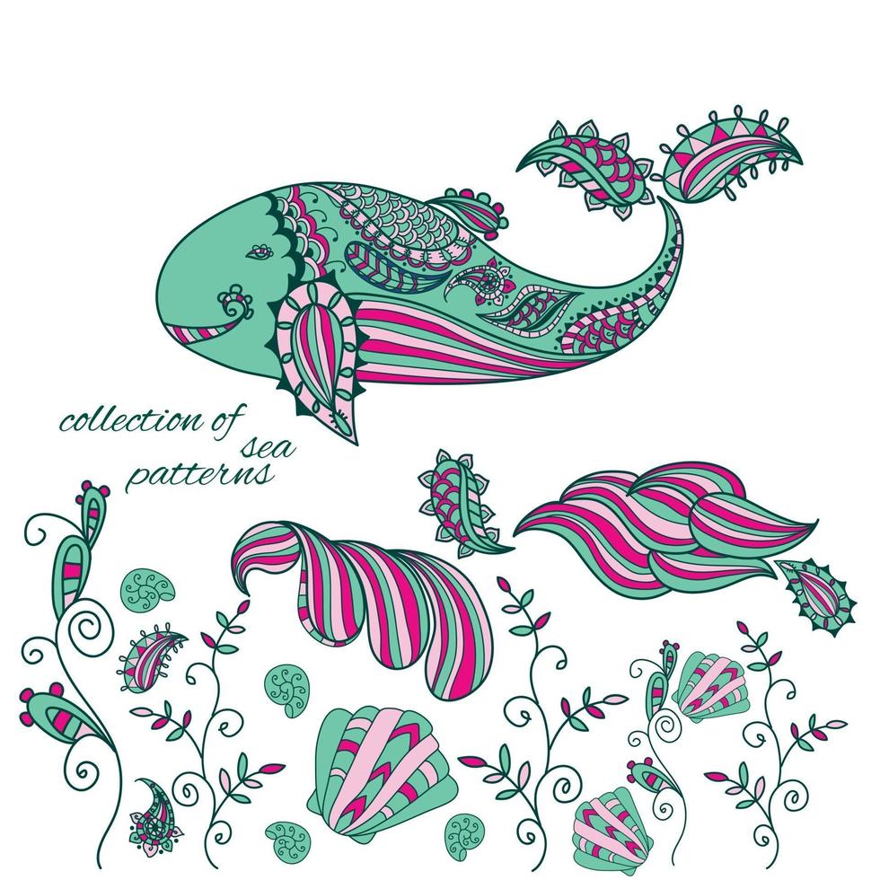 Collection of doodle sea and marine patterns. vector