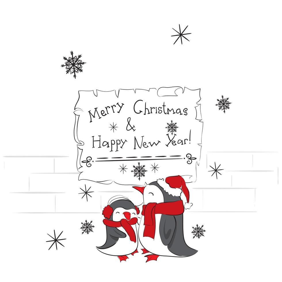Postcard Happy New Year and Merry Christmas. Penguins. vector