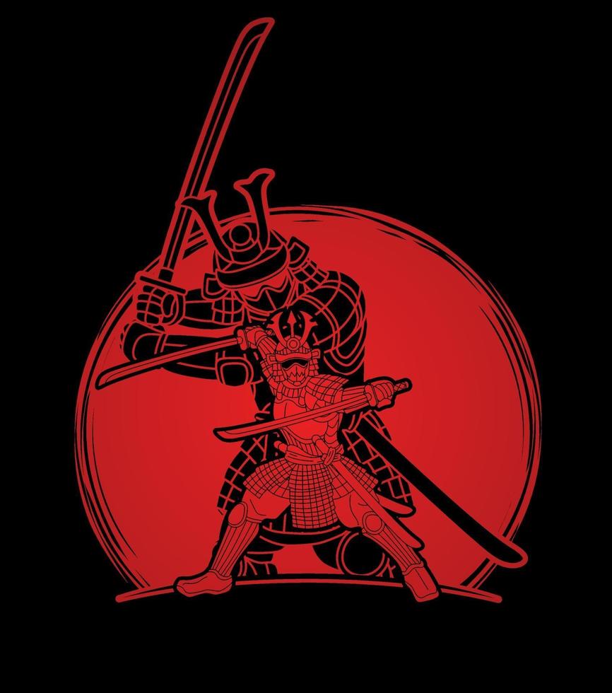 Silhouette Samurai Warrior Japanese Fighter Ronin with Weapons Action vector