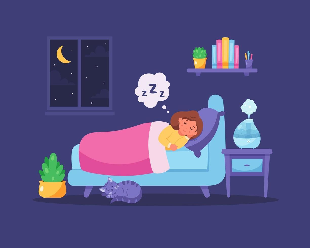 niña durmiendo en el dormitorio con humidificador de aire. sueño saludable vector