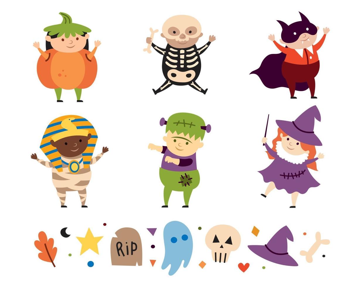 Children in costumes of Vampire witch skeleton mummy frankenstein vector