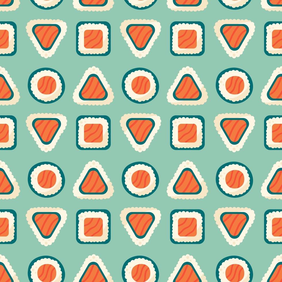 Sushi rolls with salmon fish rice and nori seaweed Seamless pattern vector
