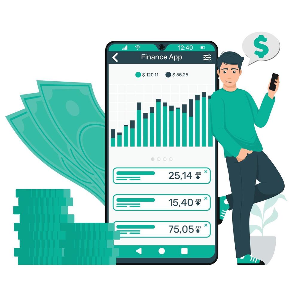 Young man with mobile watching finance app vector