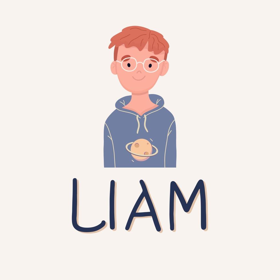 A boy named Liam with glasses. Middle school student. vector