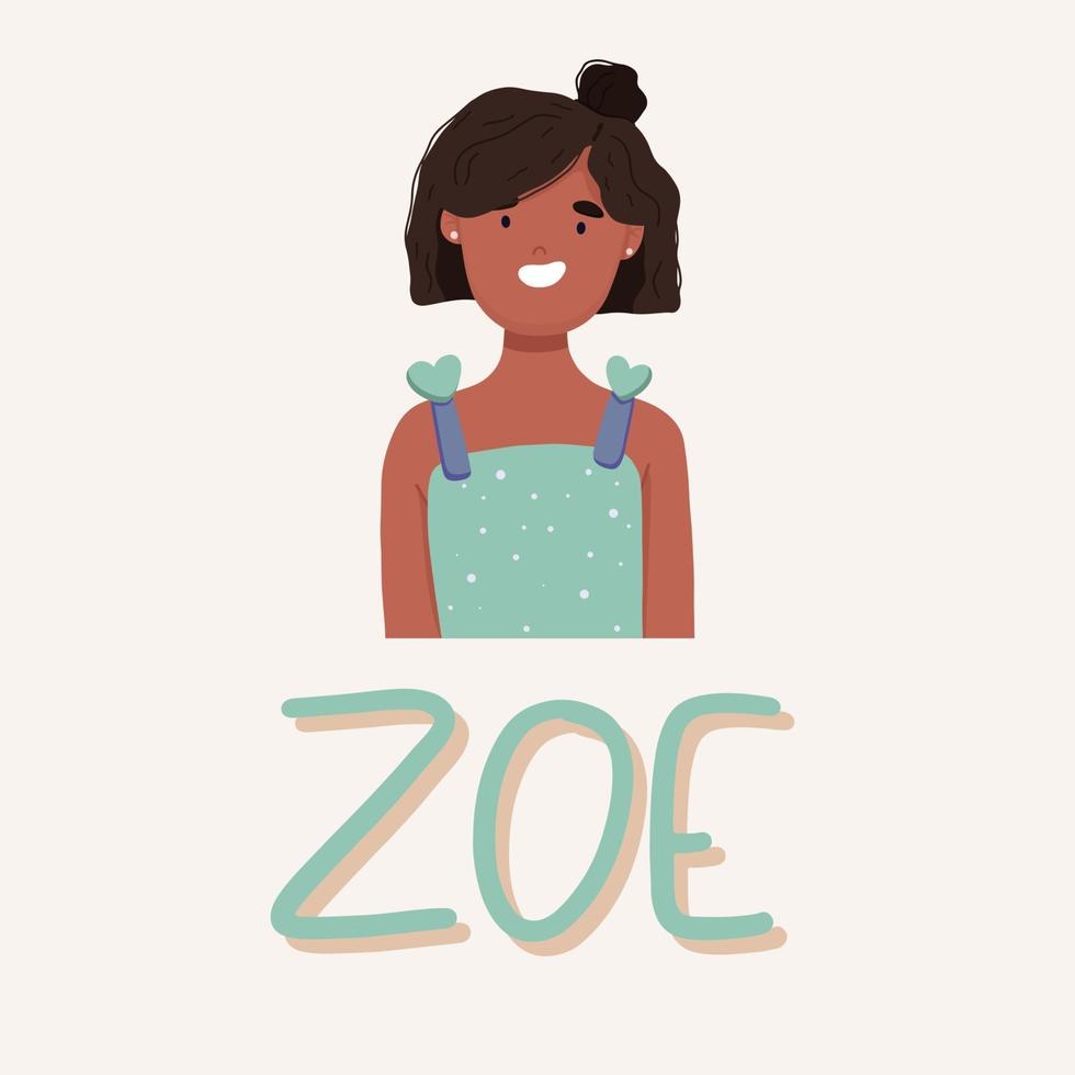 retrato de una niña negra llamada zoe. ilustración vectorial vector