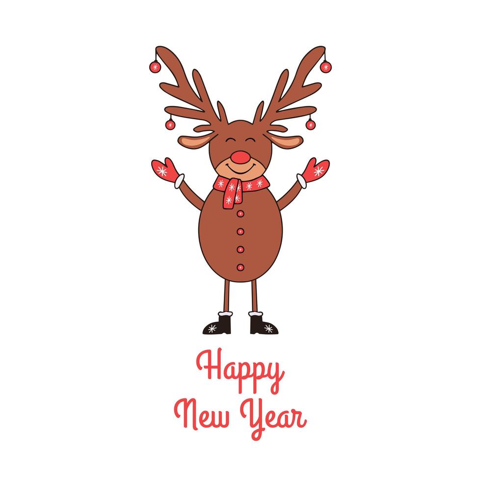 Tarjeta de felicitación de feliz año nuevo con lindos ciervos sobre fondo blanco. vector