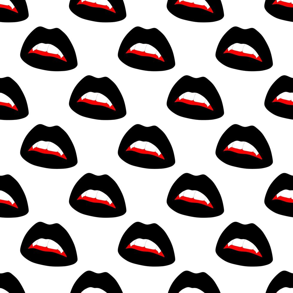 Seamless pattern made from flat black open lips with vampire fangs vector