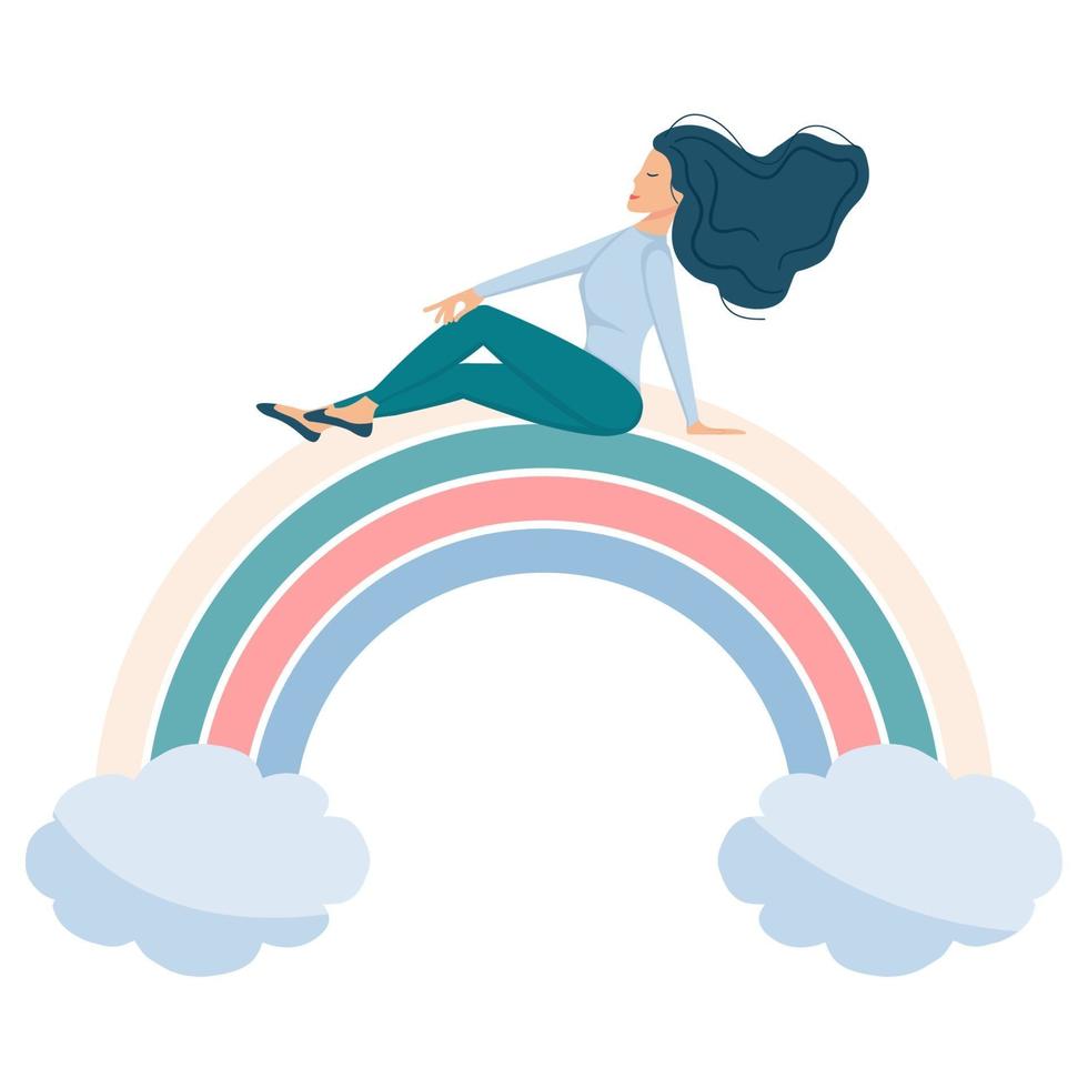 girls sitting rainbow smile vector