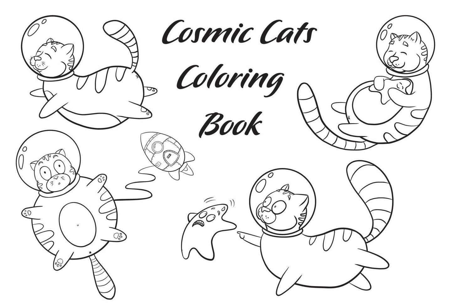 Cartoon Cats in Space Coloring Page vector
