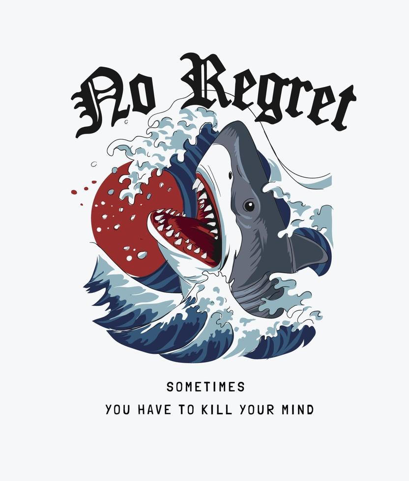 no regret slogan with shark in ocean wave illustration vector