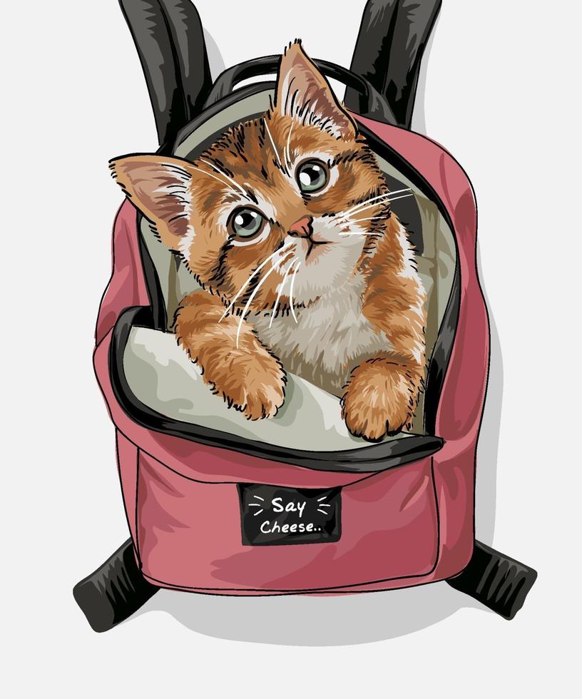 lindo gato en la ilustración de vector de mochila rosa