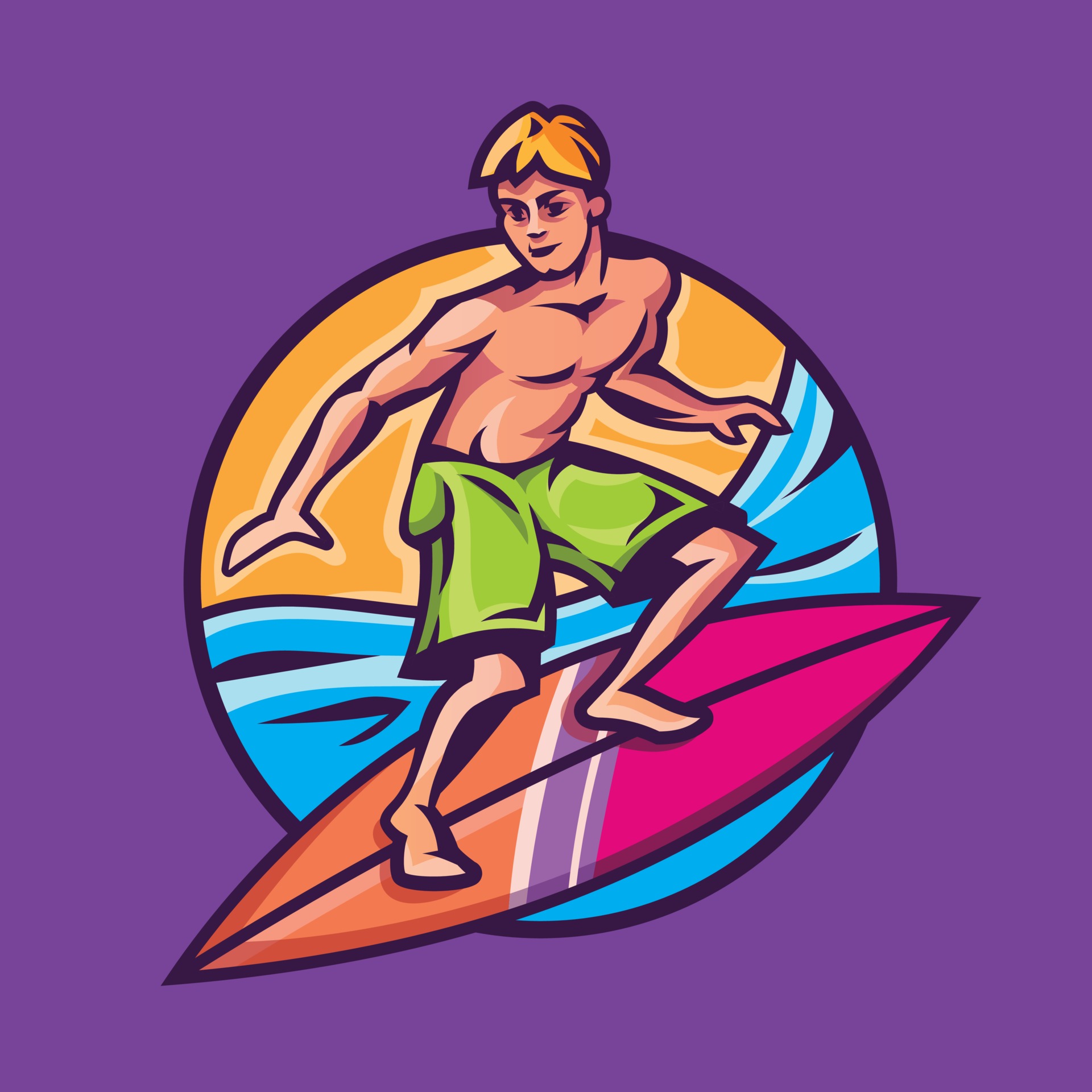 Man standing on surfboard. Surfing concept art in cartoon style