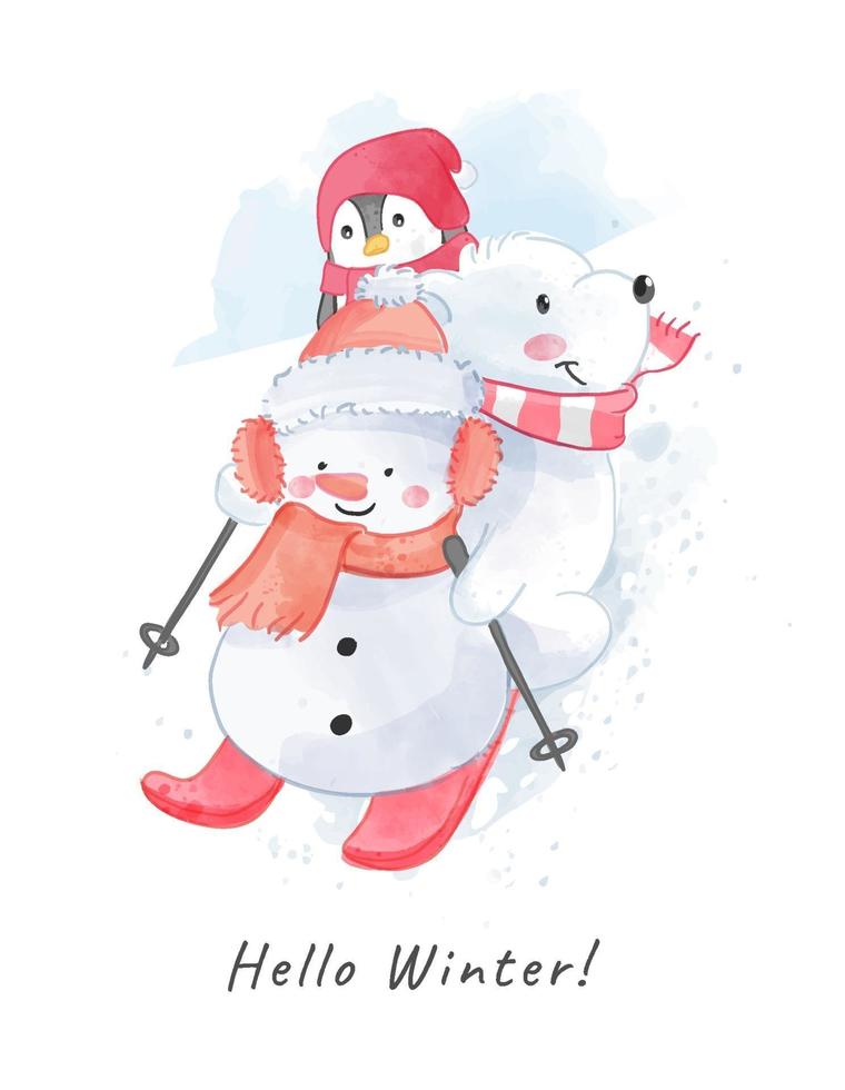 Cartoon Snowman and Polar Bear Sking Illustration vector