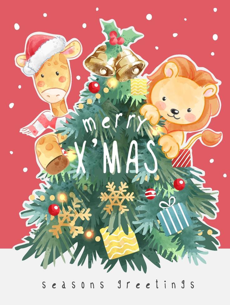 feliz navidad con árbol de navidad e ilustración de animales de dibujos animados vector