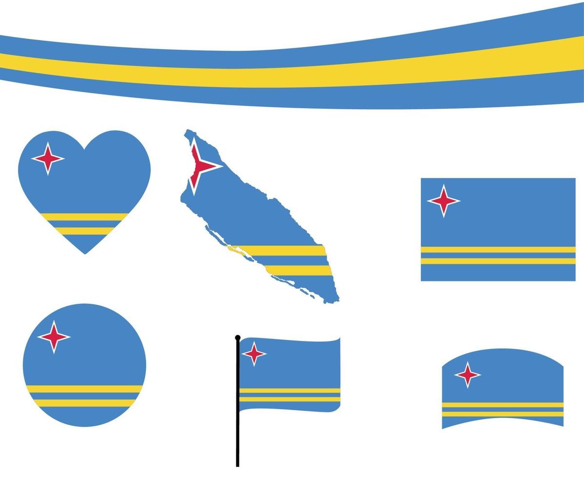 Aruba bandera mapa cinta y corazón iconos ilustración vectorial abstracto vector