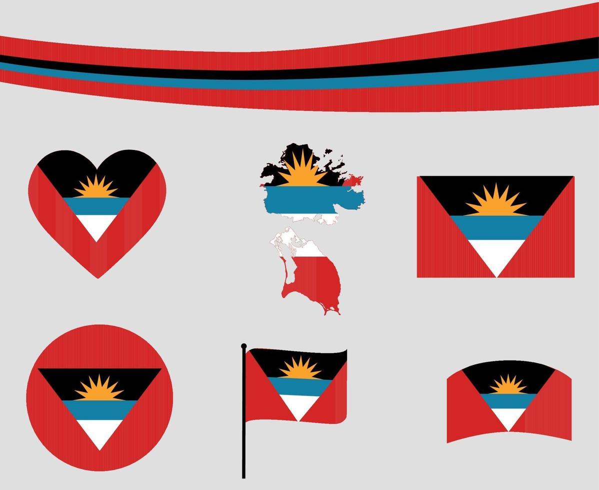 Antigua and Barbuda Flag Map Ribbon Heart Icons Vector Illustration