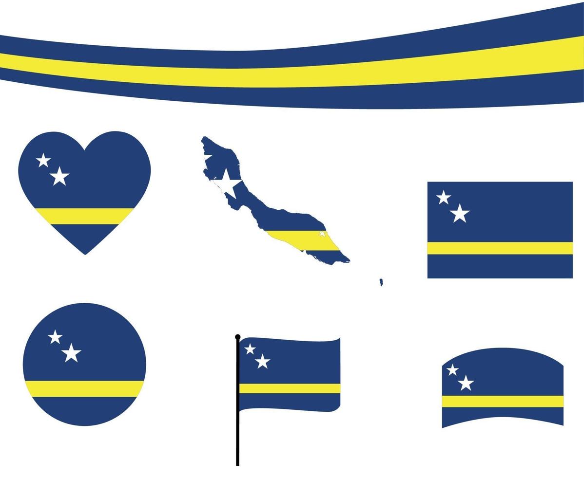 Curacao Flag Map Ribbon And Heart Icons Vector Illustration Abstract