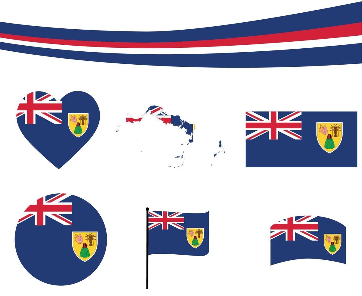 Turks and Caicos Islands Flag Map Ribbon And Heart Icons Vector signs