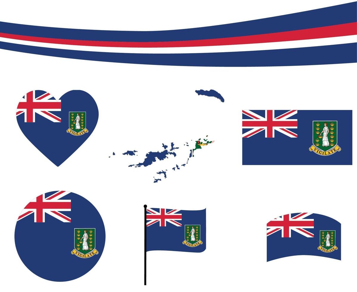 Reino Unido islas vírgenes bandera mapa cinta corazón iconos vector emblema abstracto