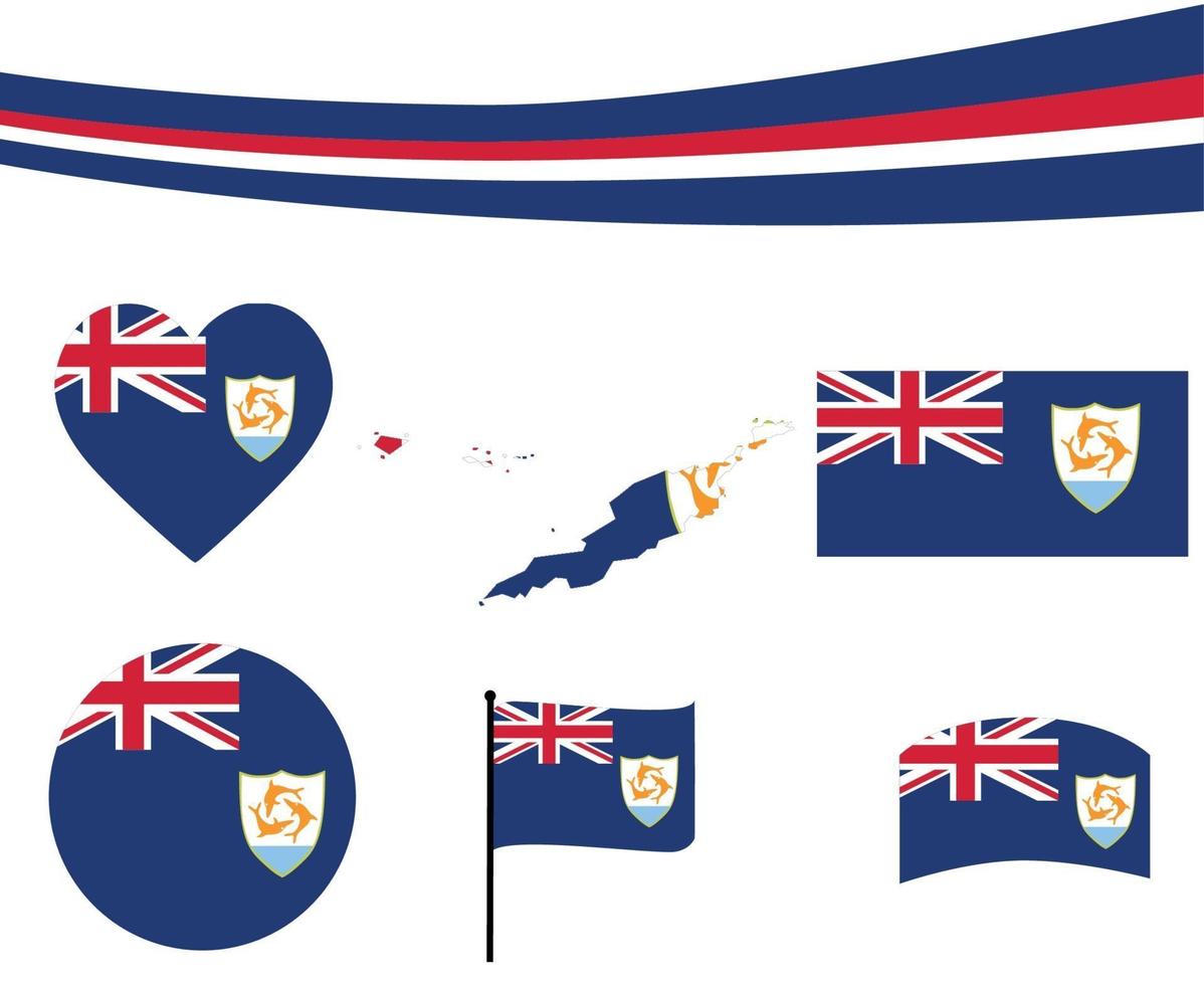 Anguilla Flag Map Ribbon And Heart Icons Vector Illustration Abstract