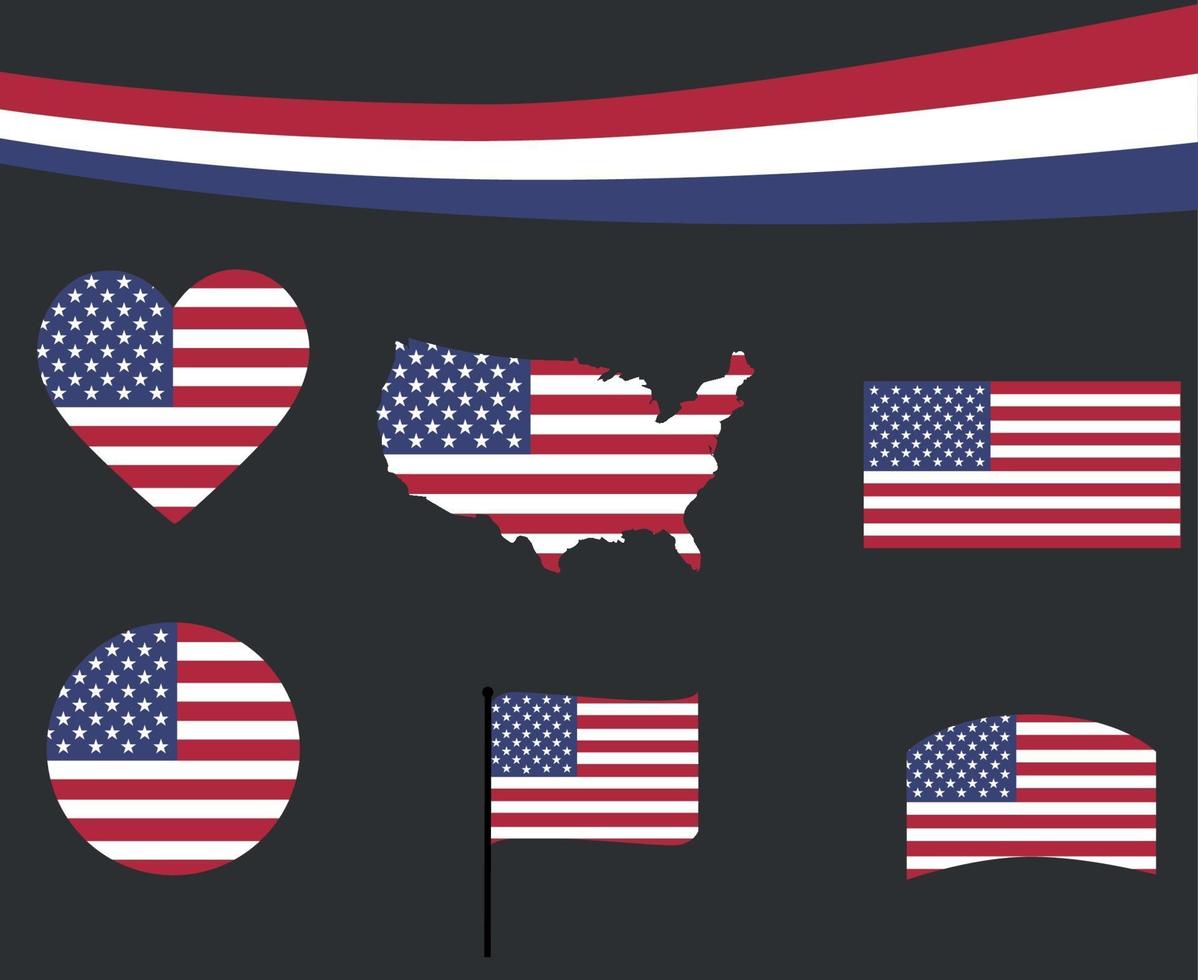 United States Flag Map Ribbon Heart Icons Vector Illustration Abstract