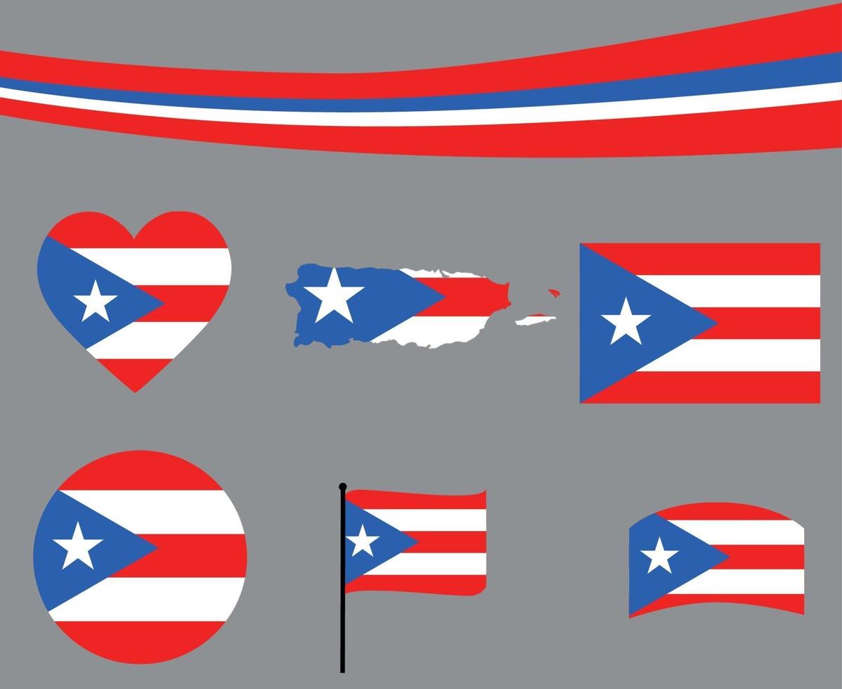 Puerto Rico bandera mapa cinta y corazón iconos vector emblema abstracto