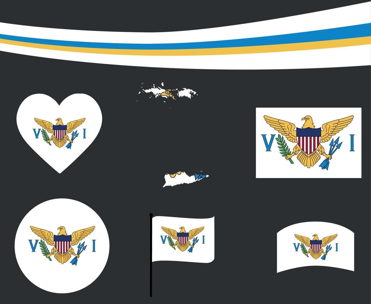 USA Virgin islands Flag Map Ribbon Heart Icons Vector Emblem Abstract