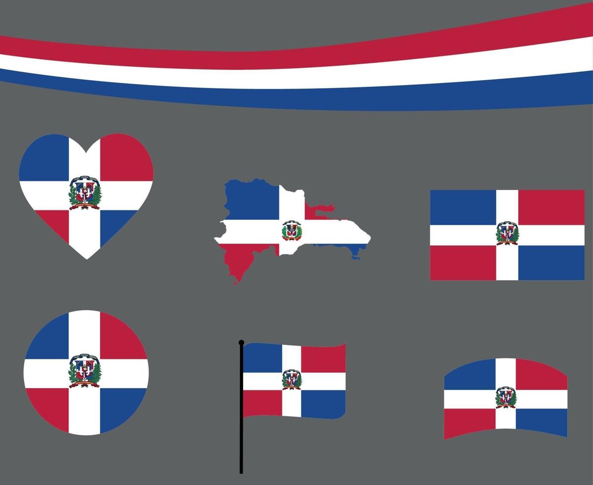 Dominican republic Flag Map Ribbon And Heart Icons Vector Illustration