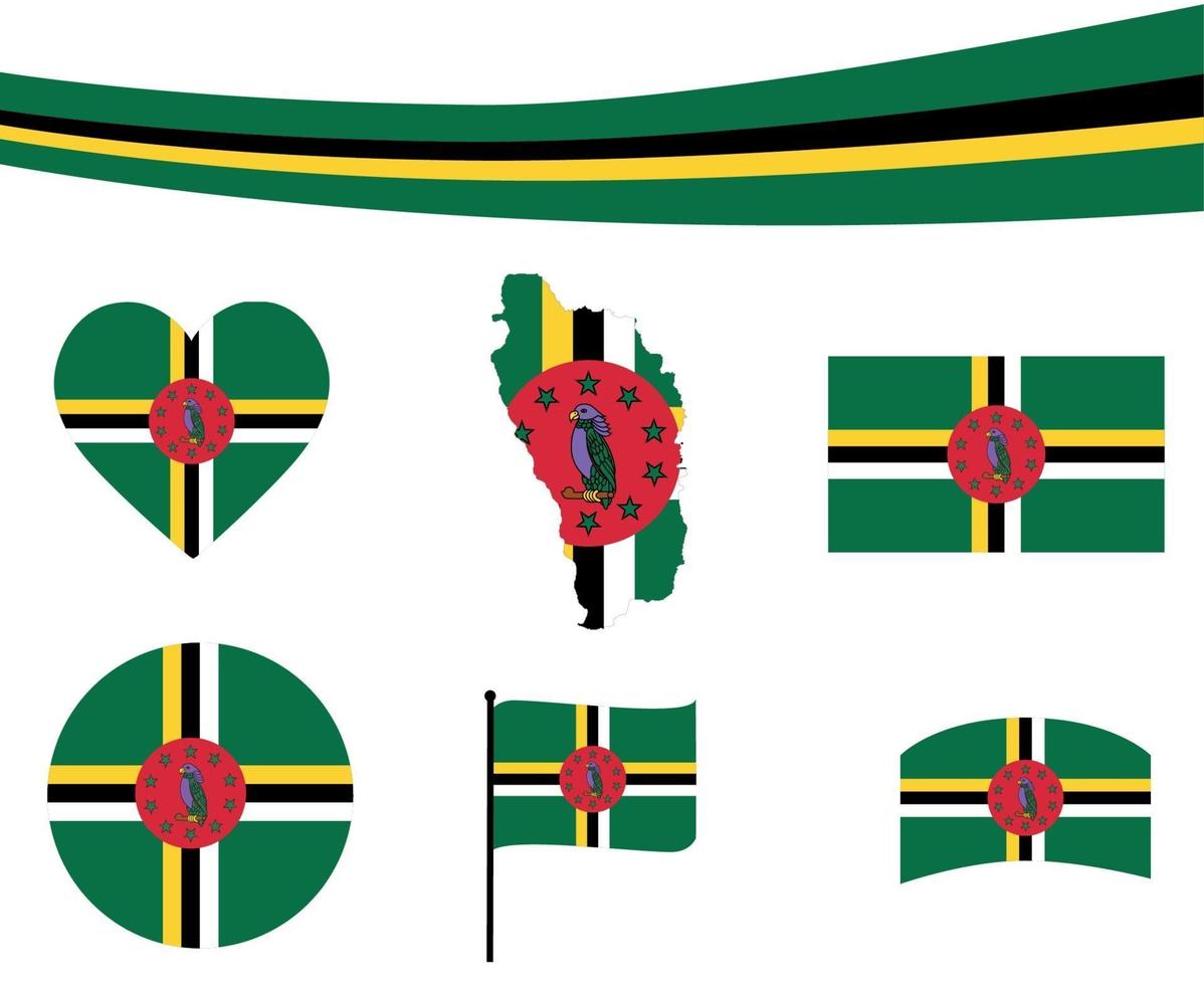 Bandera de dominica mapa cinta y corazón iconos ilustración vectorial abstracto vector