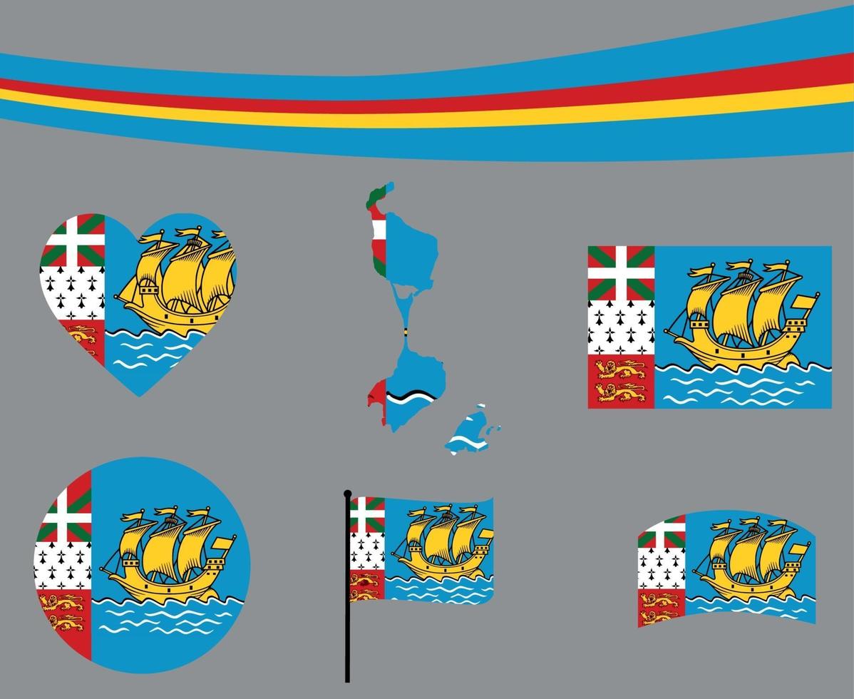 Saint Pierre and Miquelon Flag Map Ribbon Heart Icons Vector Abstract