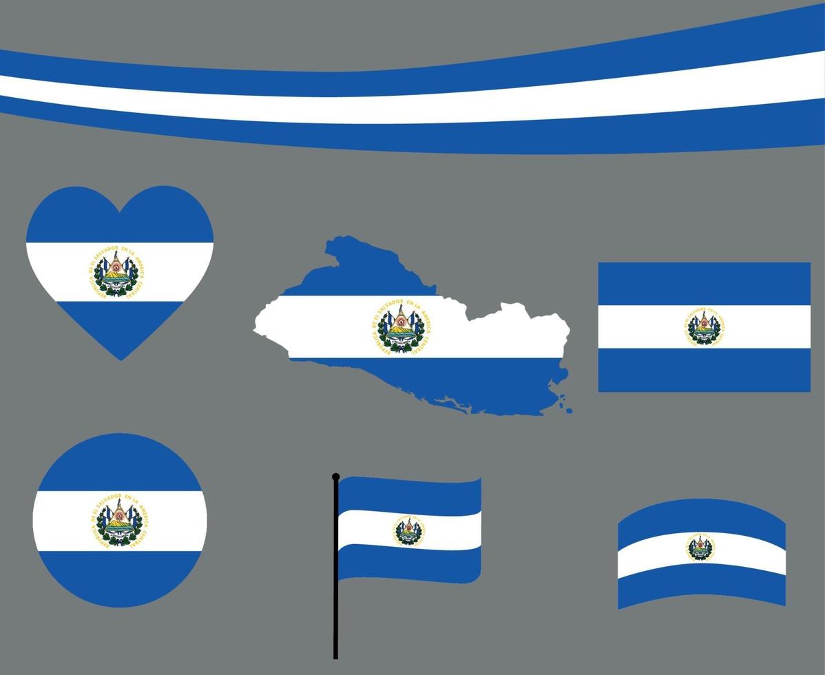 el salvador, bandera, mapa, cinta, corazones, iconos, vector, ilustración, extracto vector