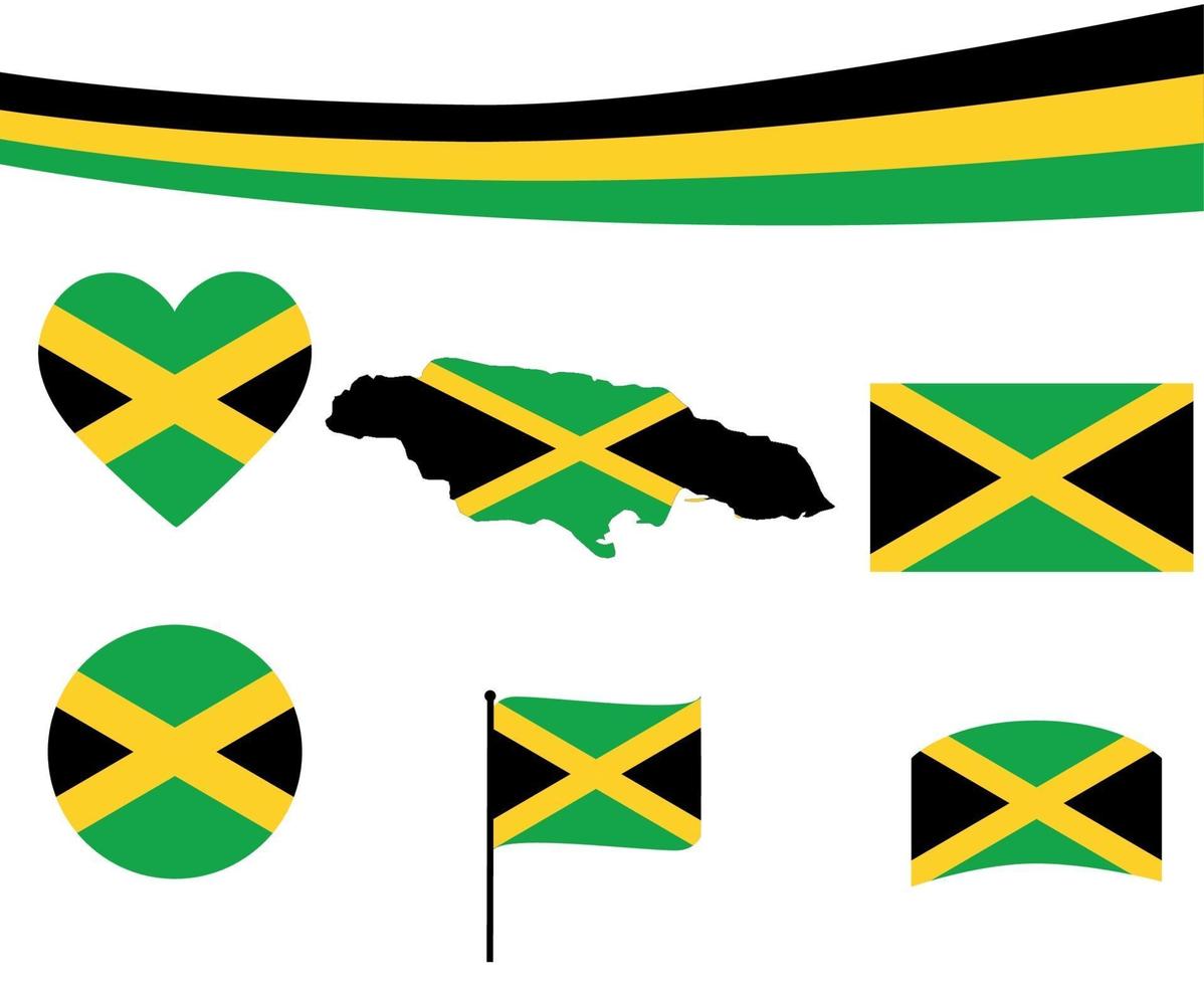 Jamaica Flag Map Ribbon And Heart Icons Vector Illustration Abstract