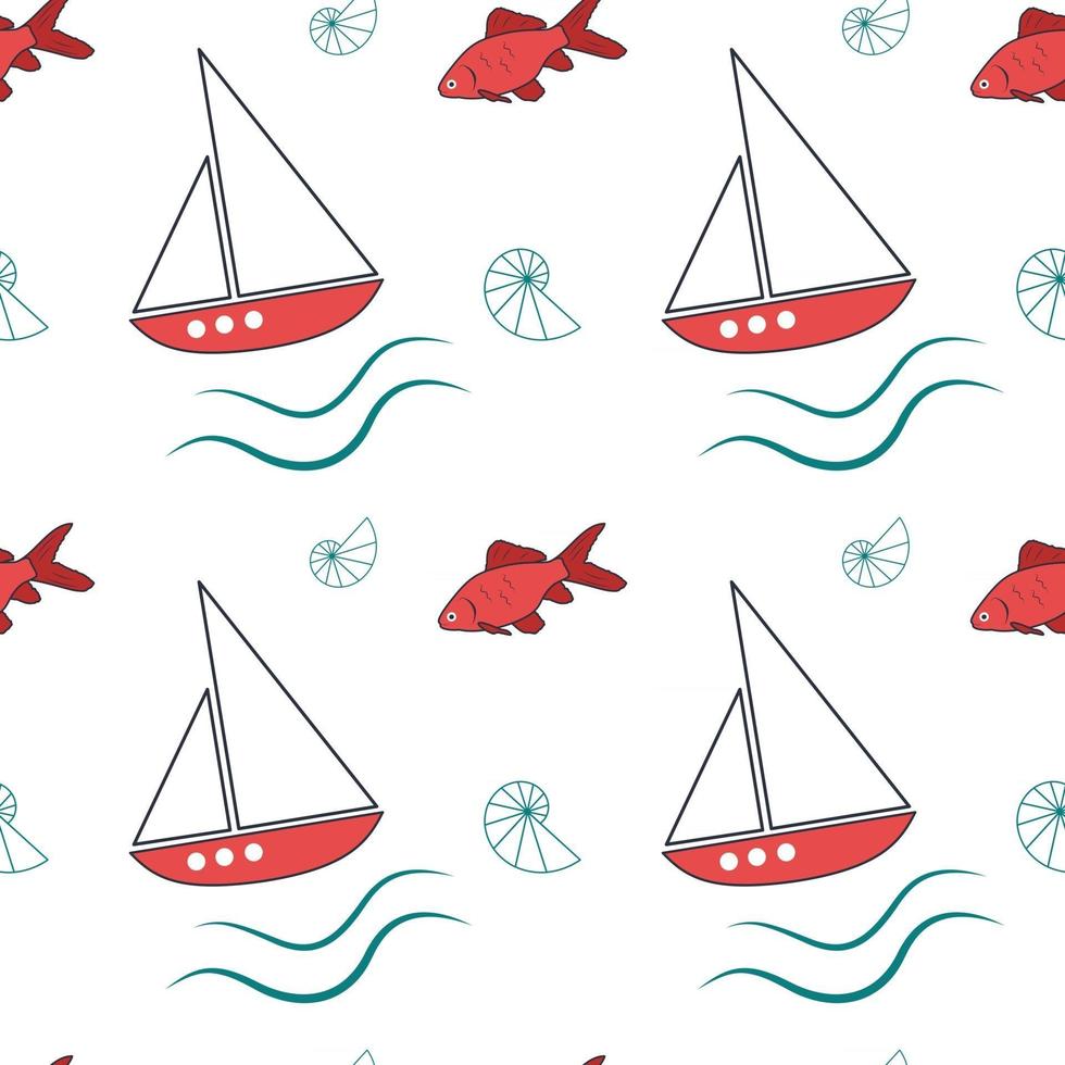 Patrón náutico de verano con barcos con velas blancas y conchas marinas. vector