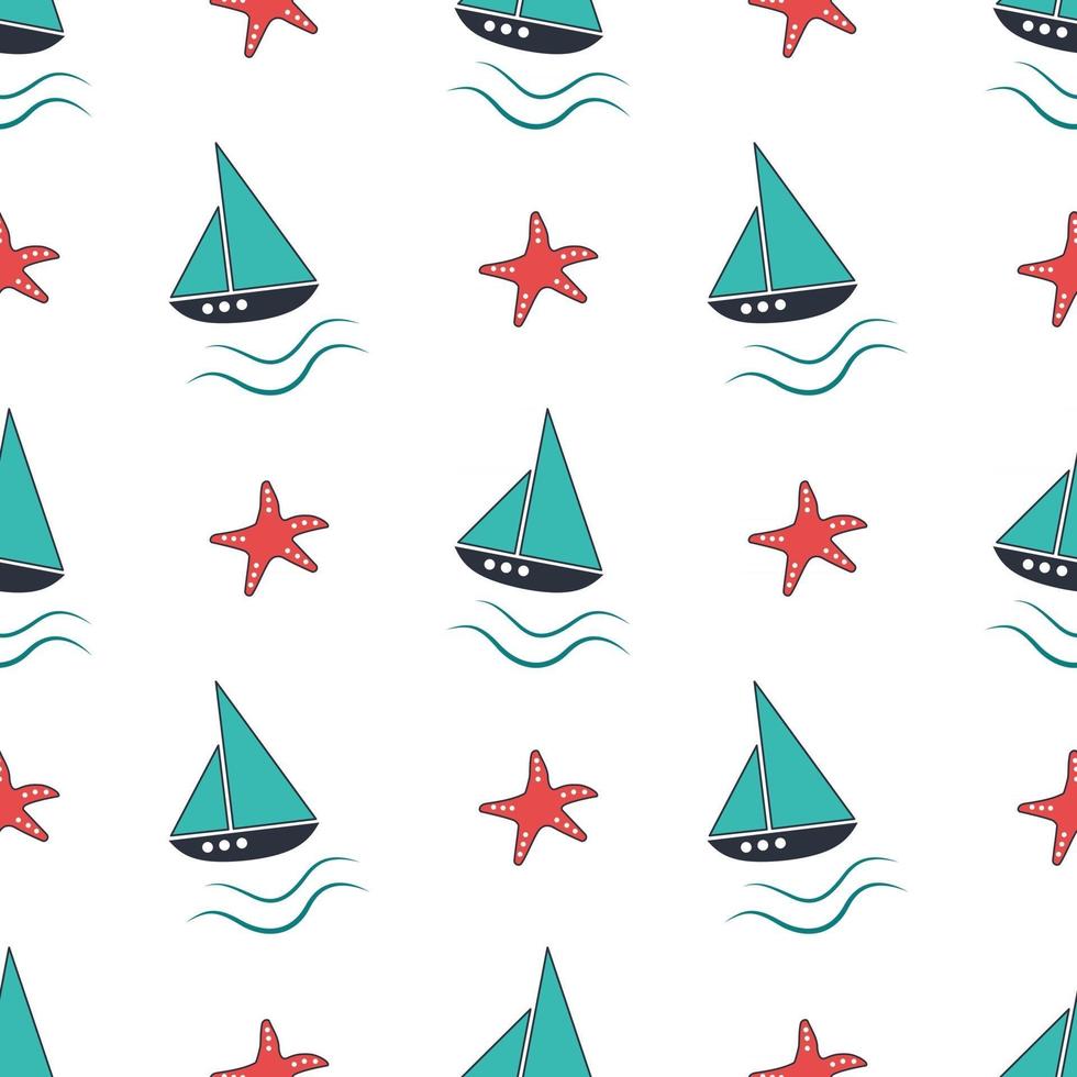 Summer nautical pattern with ships, waves and starfish vector