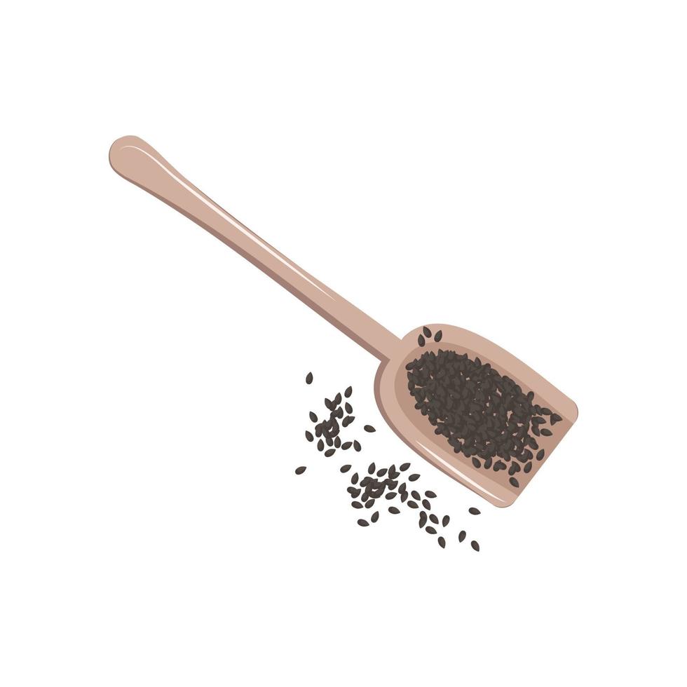 cuchara de madera con semillas de sésamo negro vector