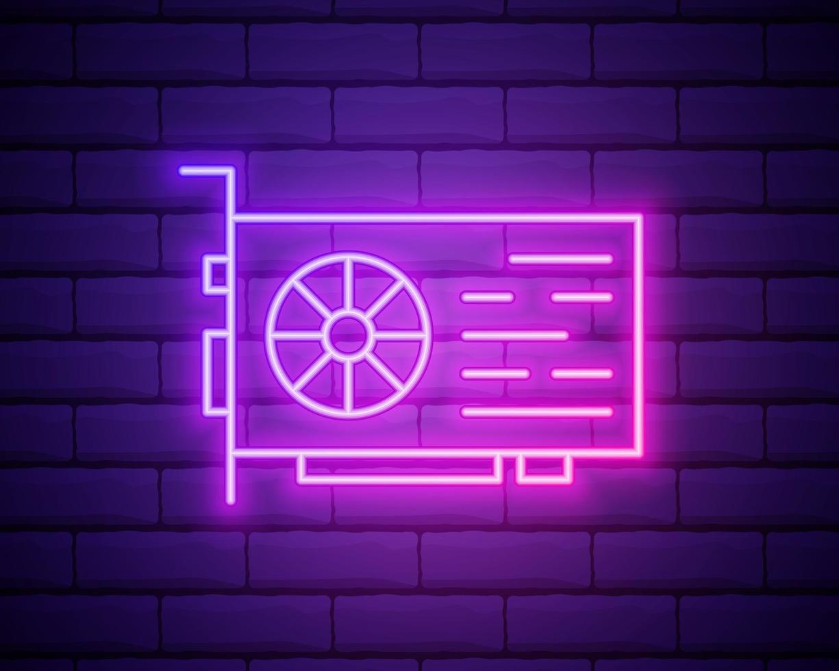 Glowing neon line Mining farm icon isolated on brick wall background. vector