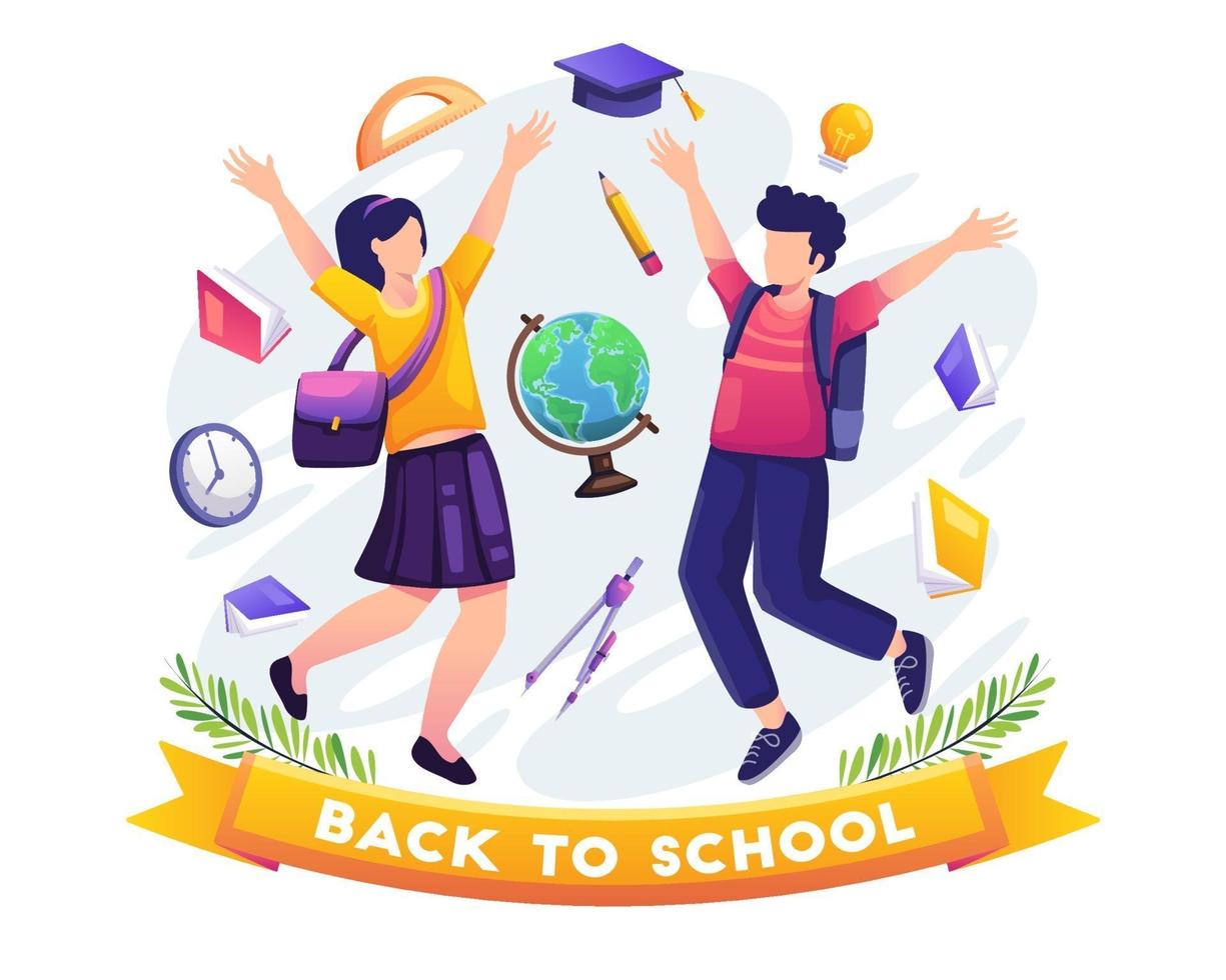 Students are happy to be back at the school. vector illustration