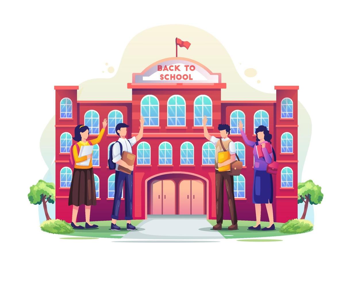 Students back to school and greet each other. vector illustration