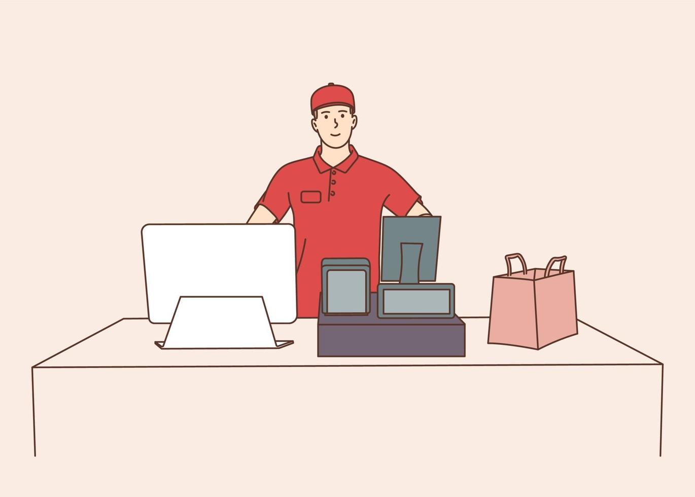 Young male employee cashier, worker using modern technology vector