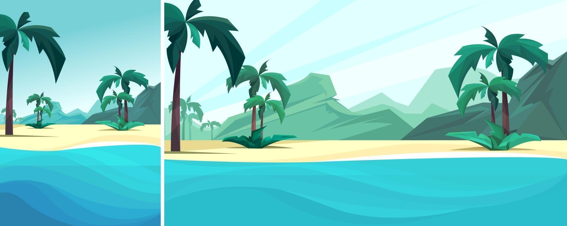 Vertical and horizontal landscape with ocean coast, palms and mountain vector