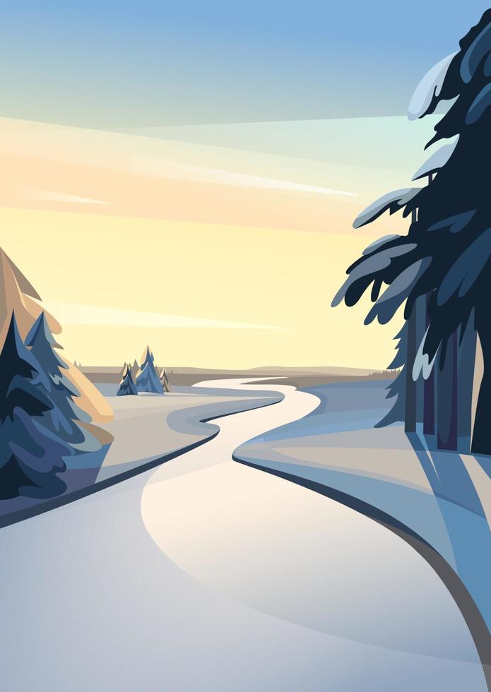 río congelado al atardecer. paisaje invernal en orientación vertical. vector