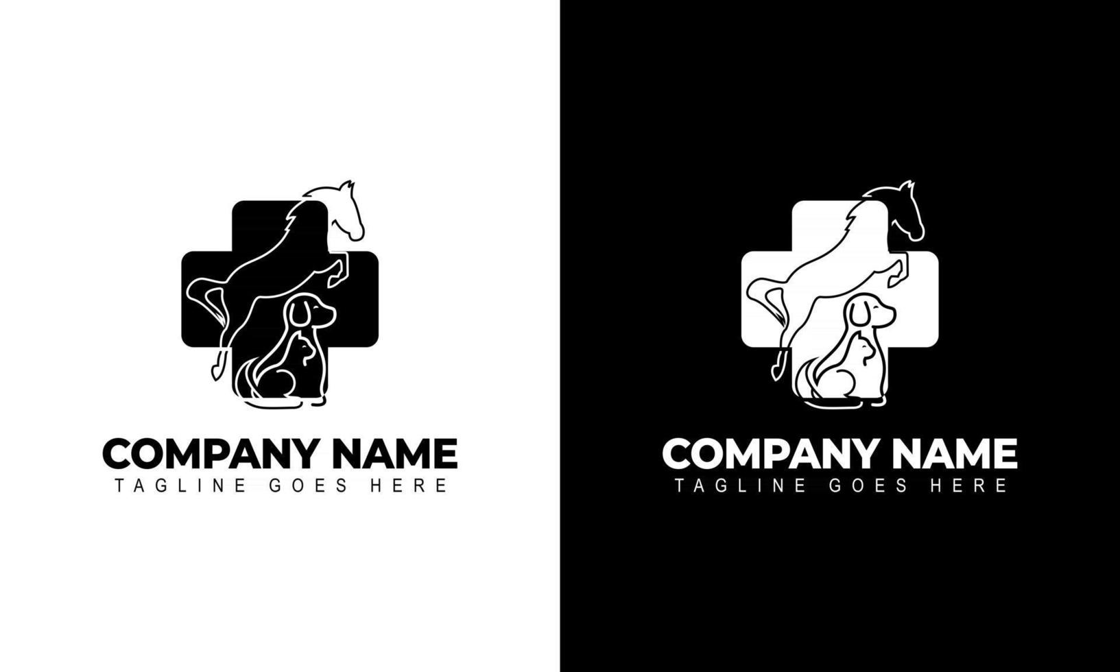 Horse Dog Cat Animal Clinic. Line symbol in negative vector logo